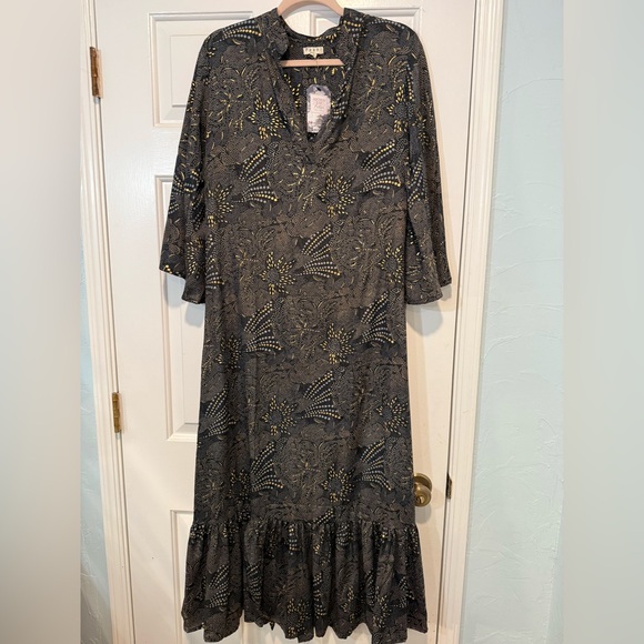 Paani LS Maxi Dress Black & Gold Ruffle Hem Bohemian! - Picture 1 of 13